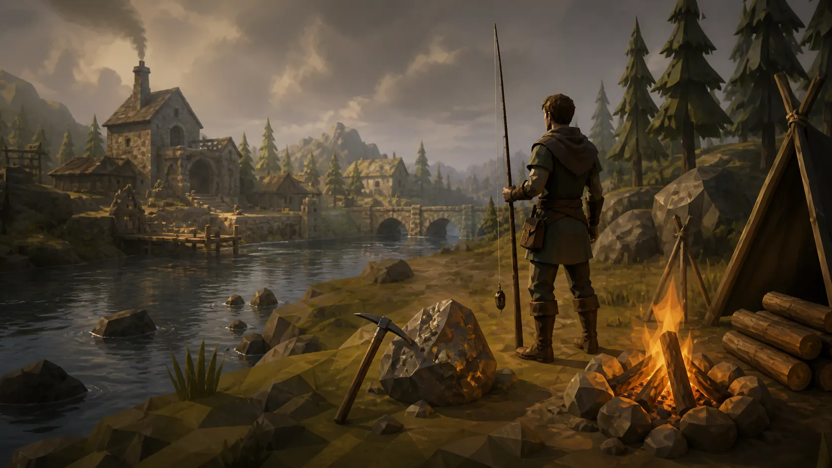 A riverside village with a campfire and mining rock