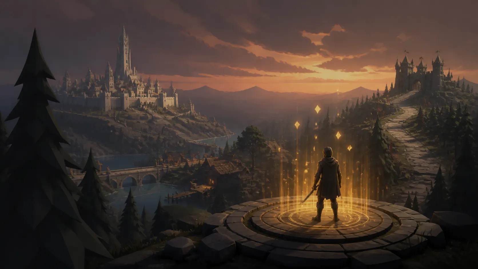 An adventurer overlooking distant cities from a teleport circle