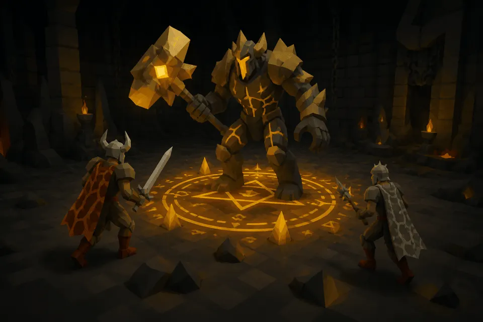 An adventurer facing a stone guardian